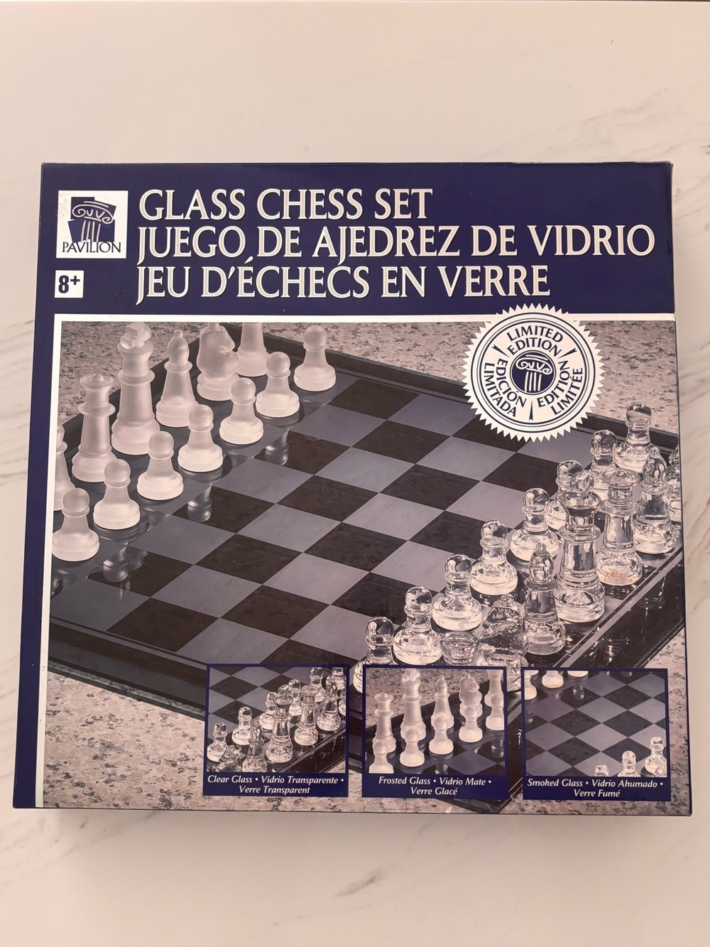 Vintage 90’s Glass Chess Set Clear & Frosted Pieces With Smoked Glass Board